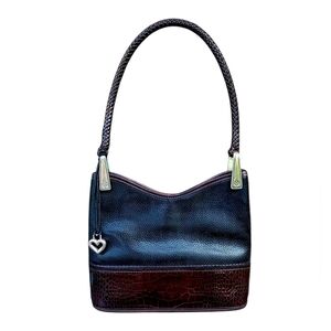 Brighton VTG Gina Black Pebbled Leather And Croc Embossed Trim Handbag